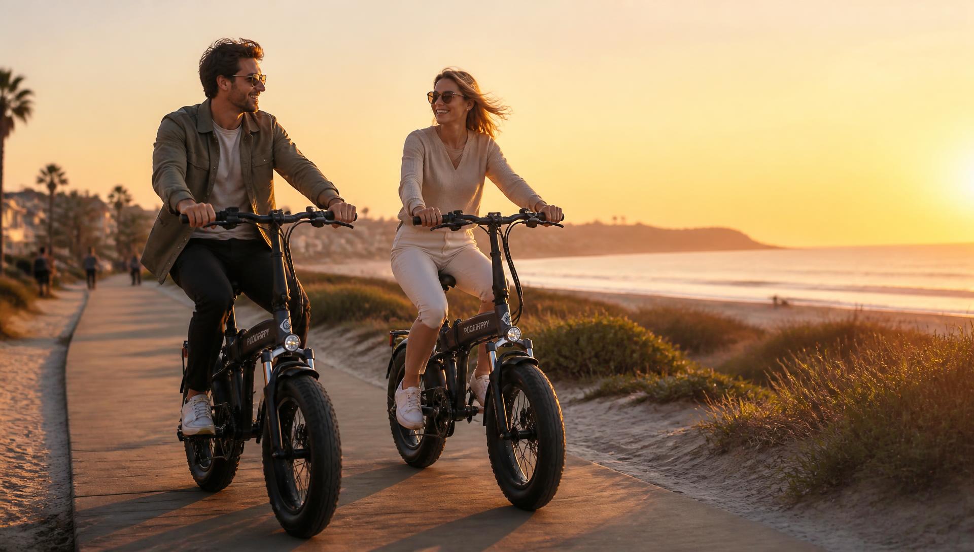 Two riders on folding electric bikes cruising a coastal path at sunset