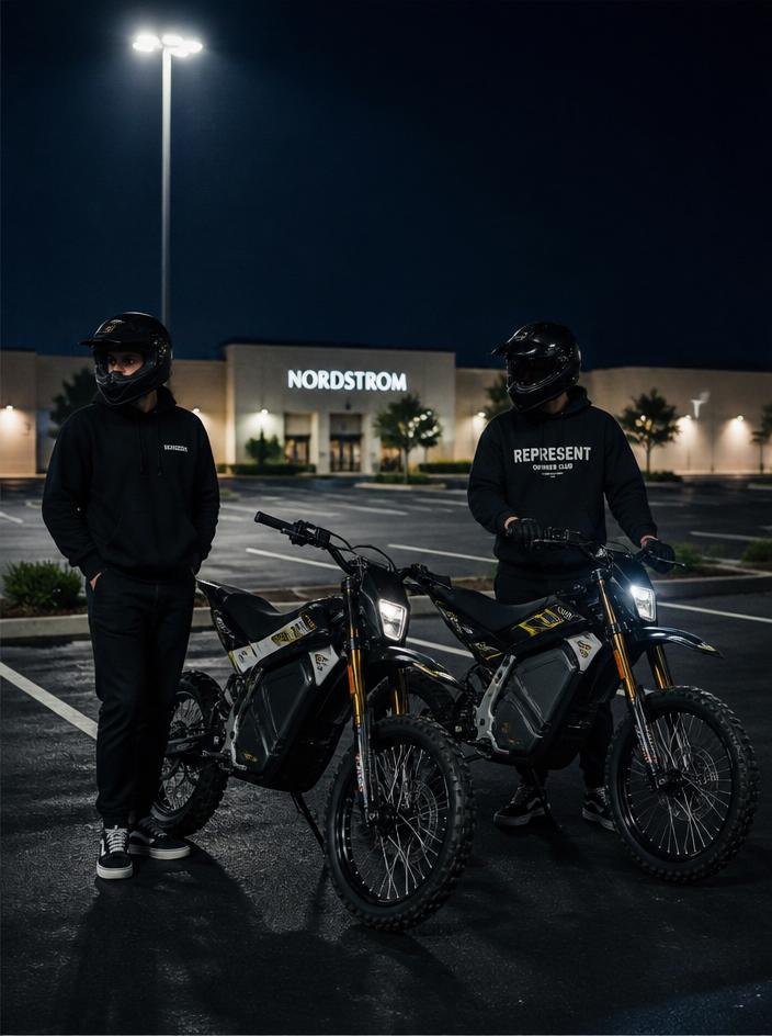 Riders gathered next to electric bikes at night