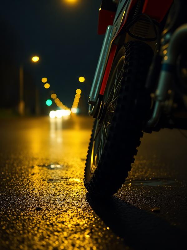 Electric bike tire on wet asphalt at night