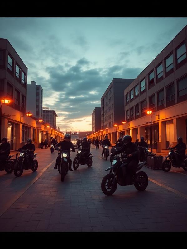 Riders in a concrete urban plaza at dusk