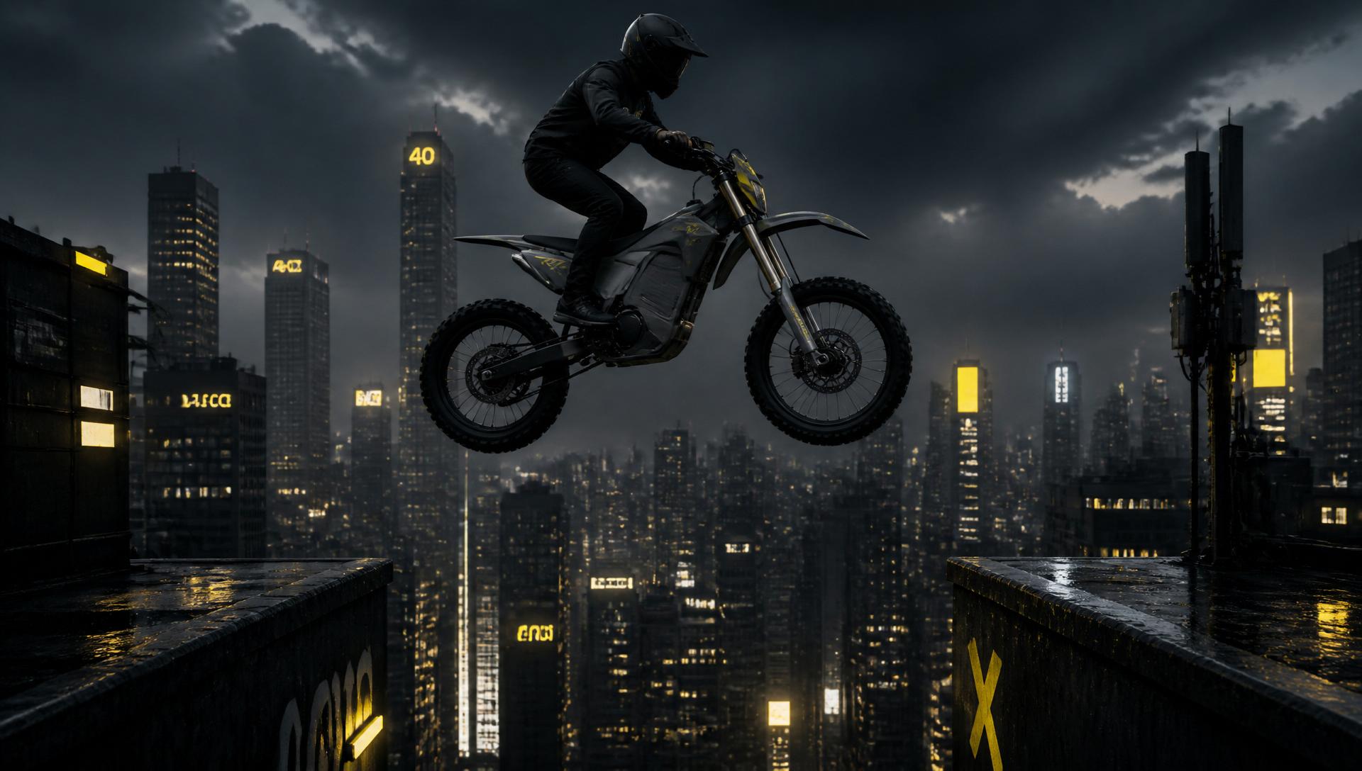 Rider on a futuristic electric dirt bike jumping over a concrete gap at dusk