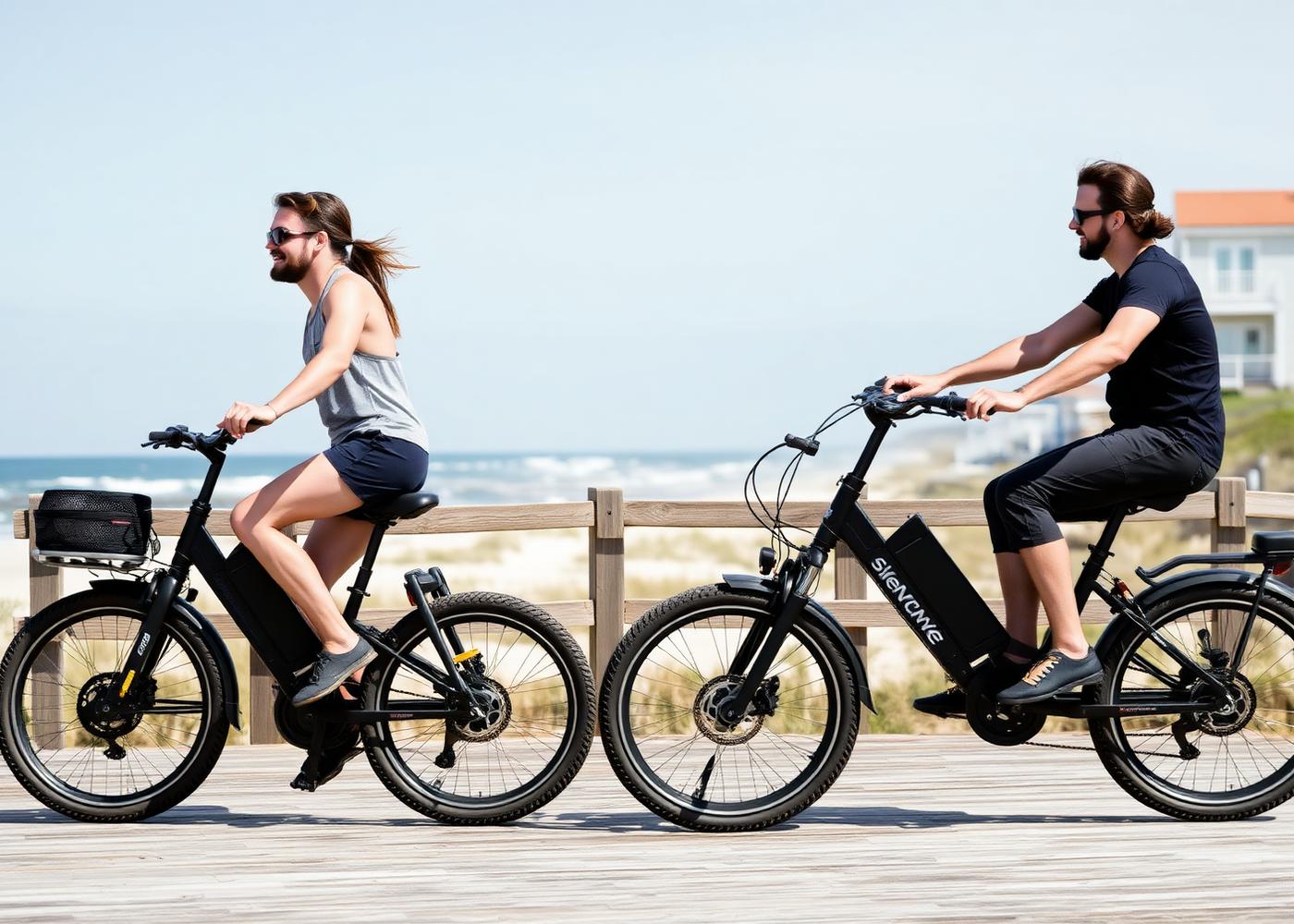 Two riders on electric bikes crossing a beach boardwalk