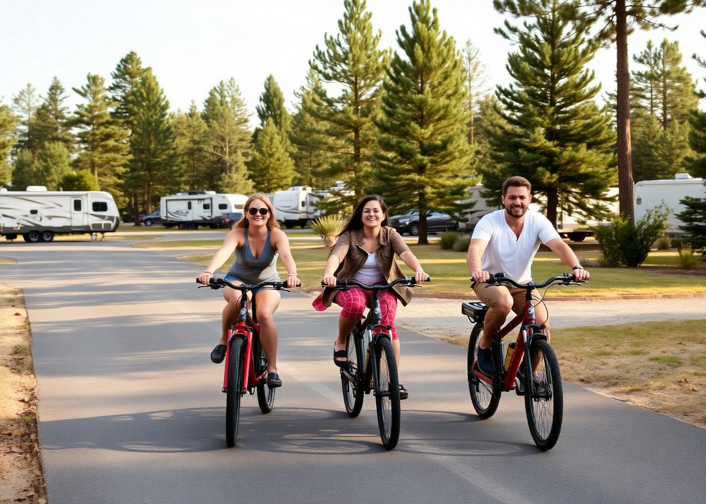 Family riding electric bikes through a wooded campground