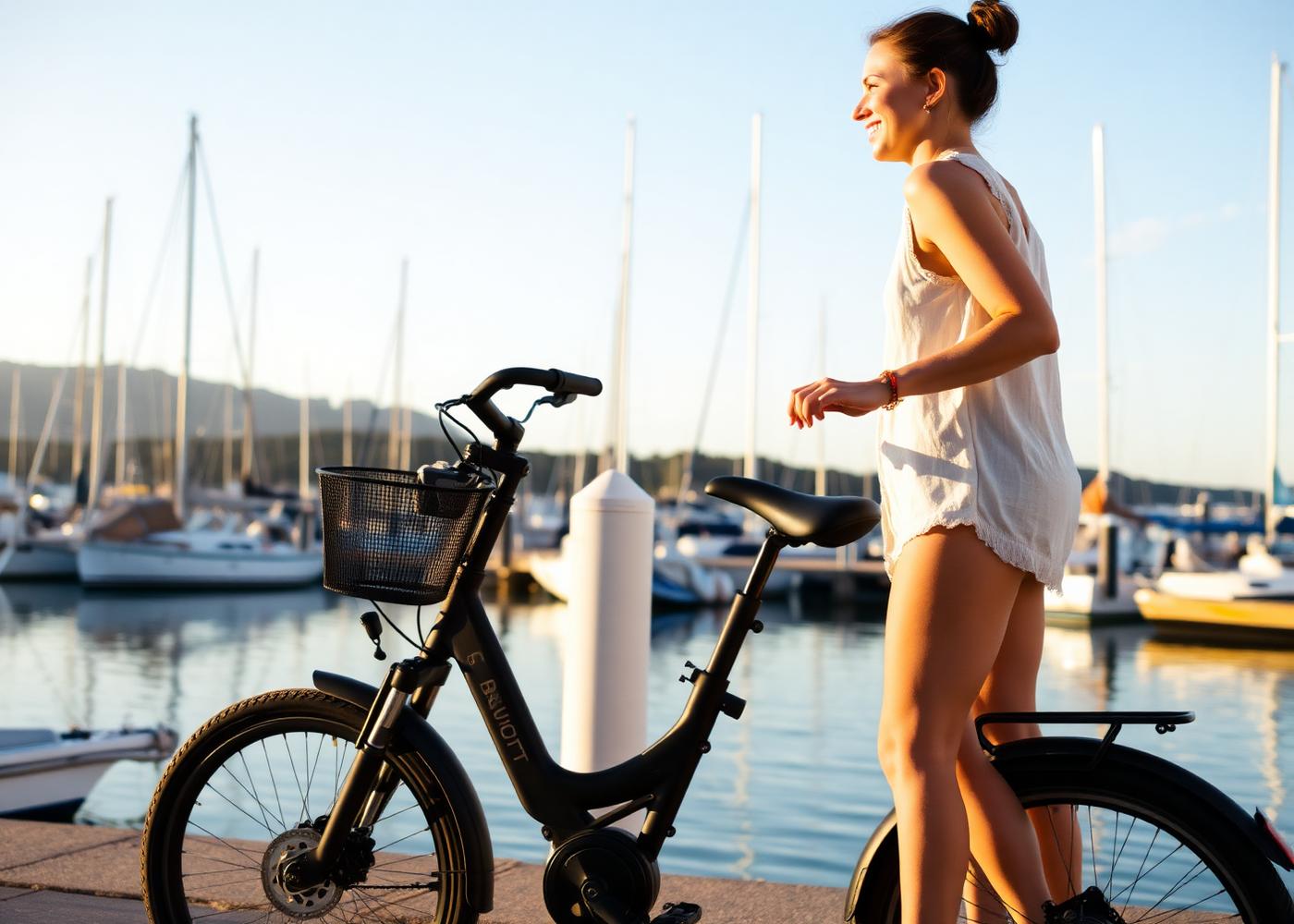 Rider with a folding electric bike at a coastal marina