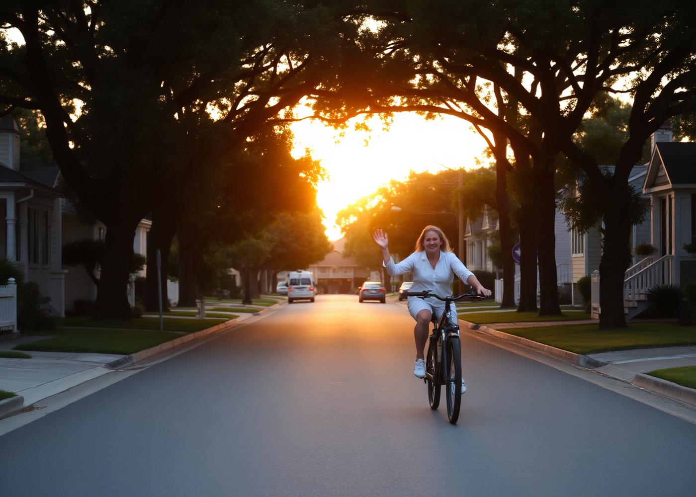 Evening neighborhood ride on an electric bike at sunset