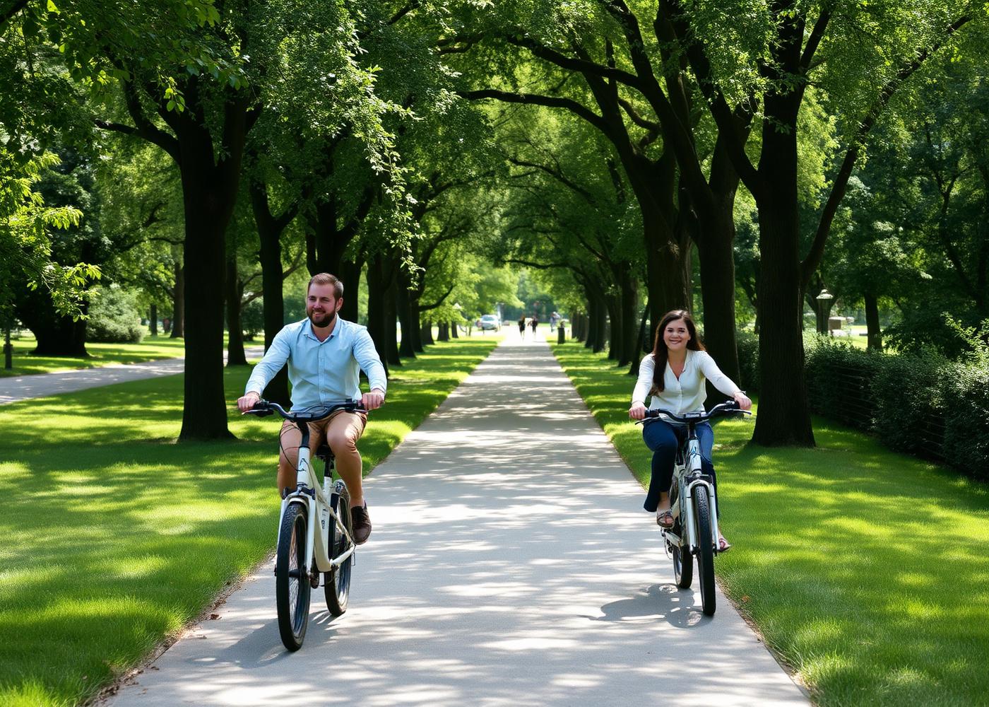 Couple riding electric bikes on a shaded park greenway