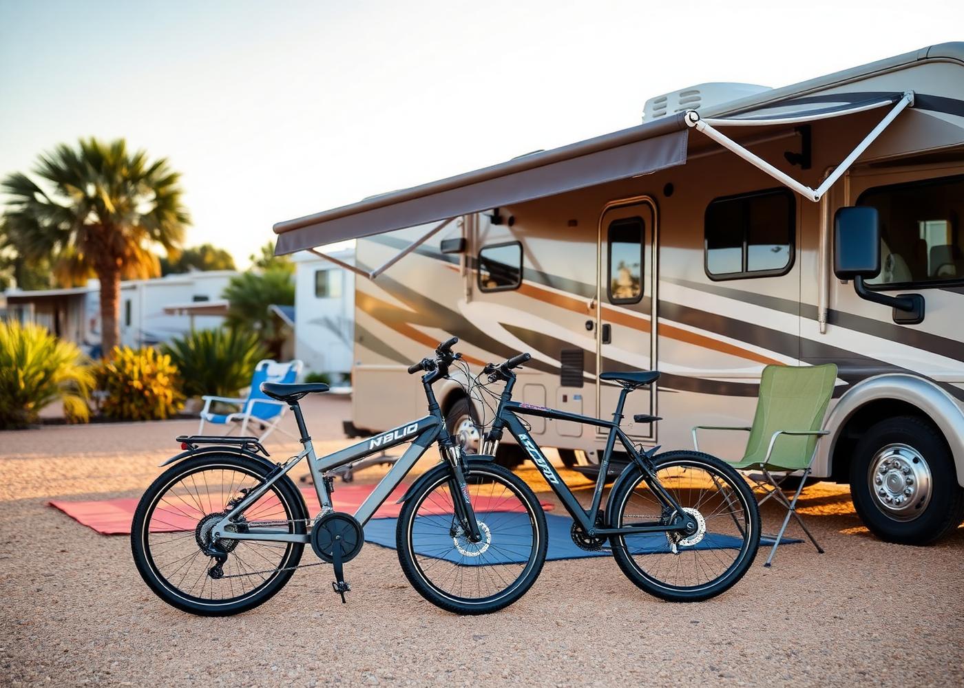 Folding electric bikes parked beside an RV at a seaside resort
