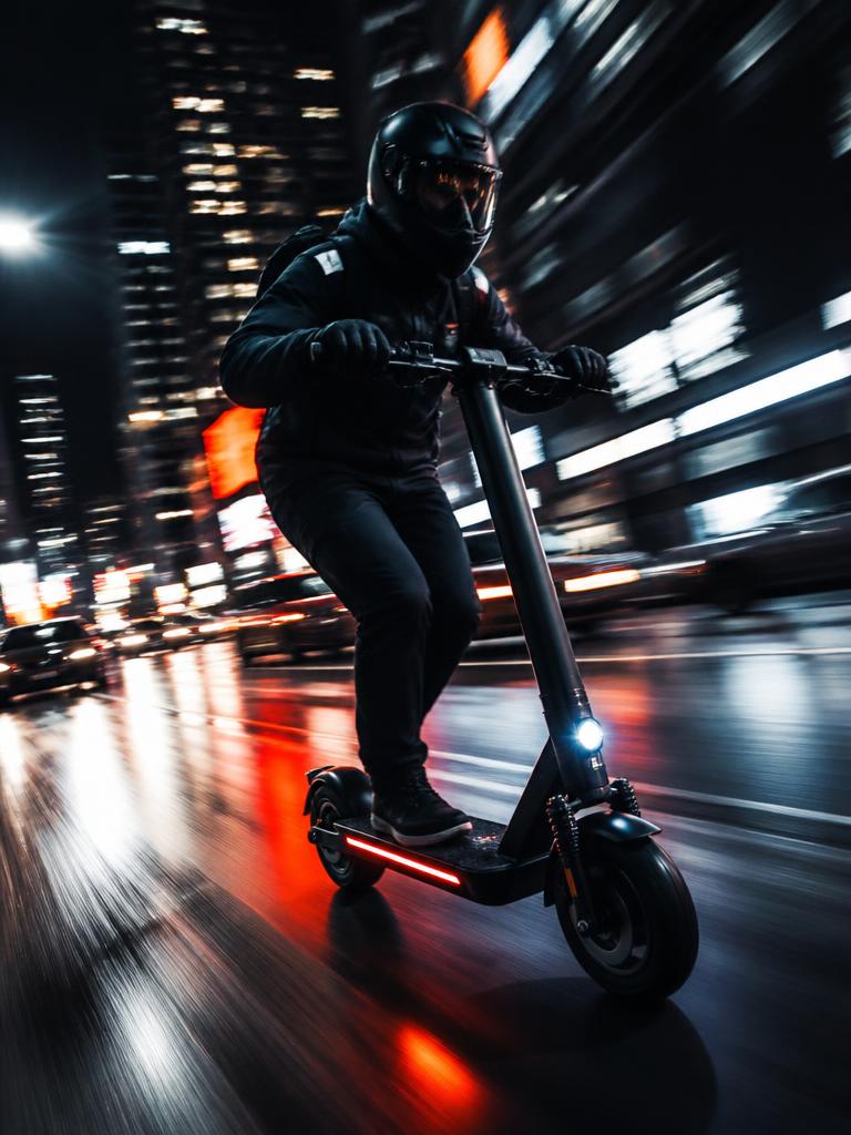 Rider speeding on an electric scooter through the city in motion at night