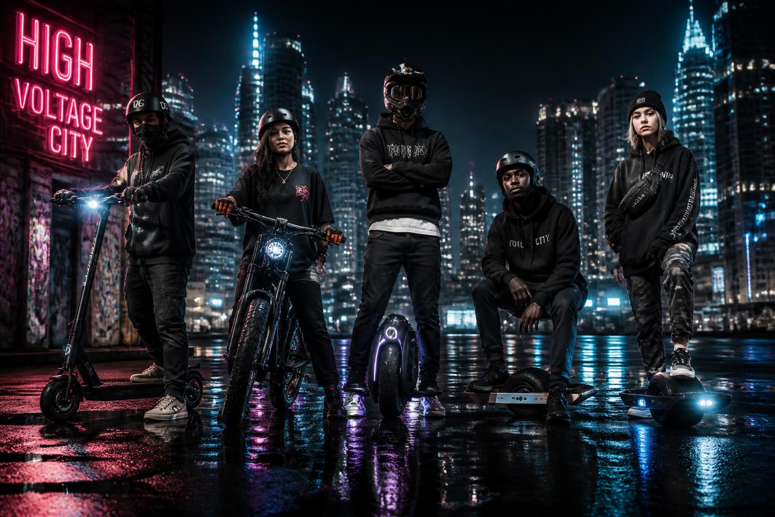 A crew of electric riders with an e-scooter, e-bike, electric unicycle and onewheel under neon city lights at night